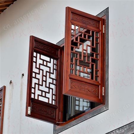 东阳木雕仿古门窗户中式碳化实木花格百叶窗推拉窗移门假窗新中式